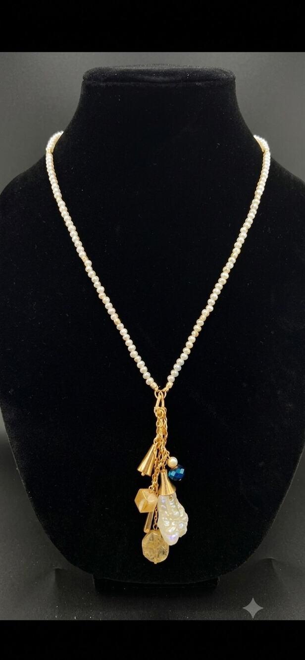 Plunder Gold Tone Cable Chain Charm Tassel Pendant Necklace w/ Crystal